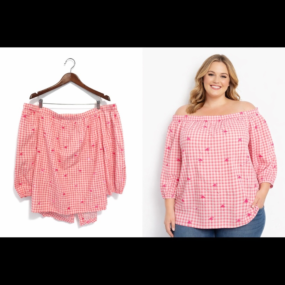 Crown & Ivy Pink Gingham Flamingo Off Shoulder Top XL